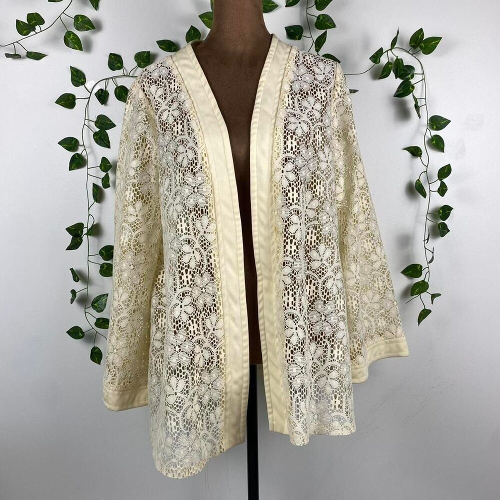 Vintage Montgomery Ward sheer cream lace cardigan floral cottage boho chic